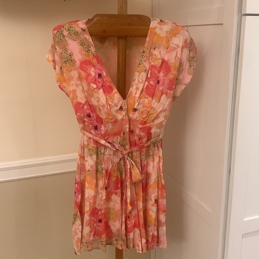 Free People Floral Wrap Dress Boho Tie Waist Watercolor Print NWT XS Fruit Punch